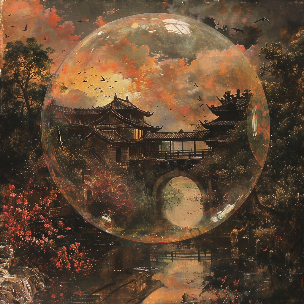 Bubble with Tang Dynasty palace inside, decayed street painting.