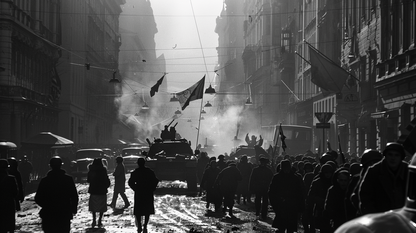 Budapest uprising photo with people, tanks, flags, shadows.