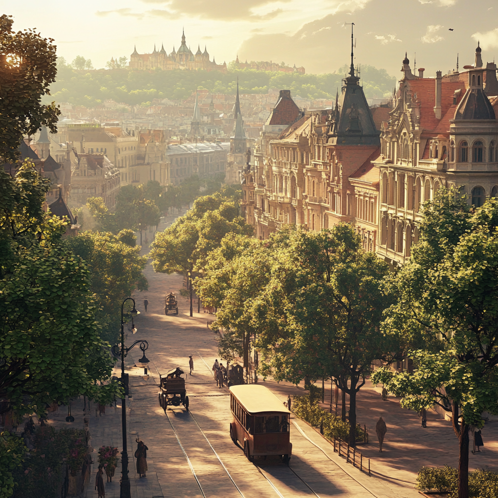 Budapeste city view in the 1900s, old town 3D.