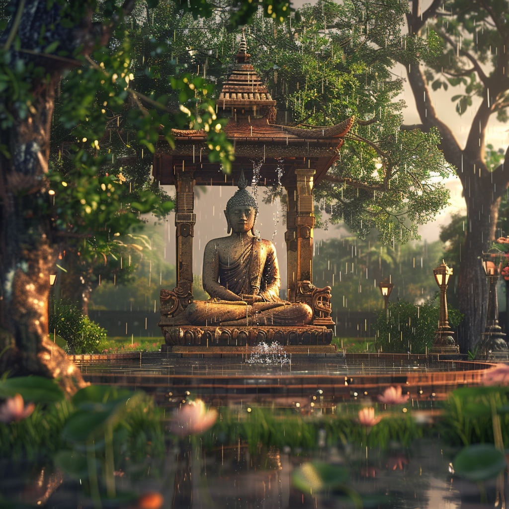 Buddha meditating in temple garden during rainstorm.