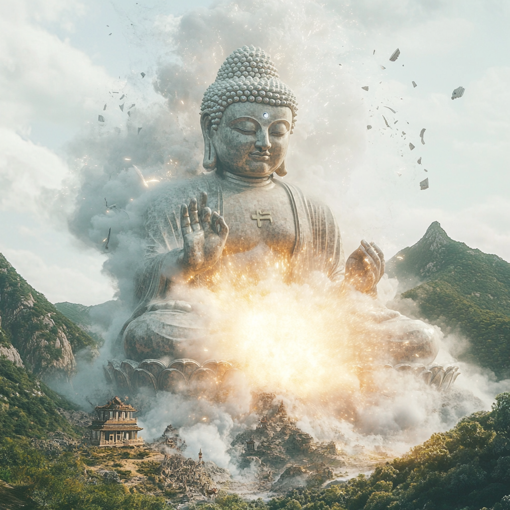 Buddha statue on mountain destroyed by white fireball.