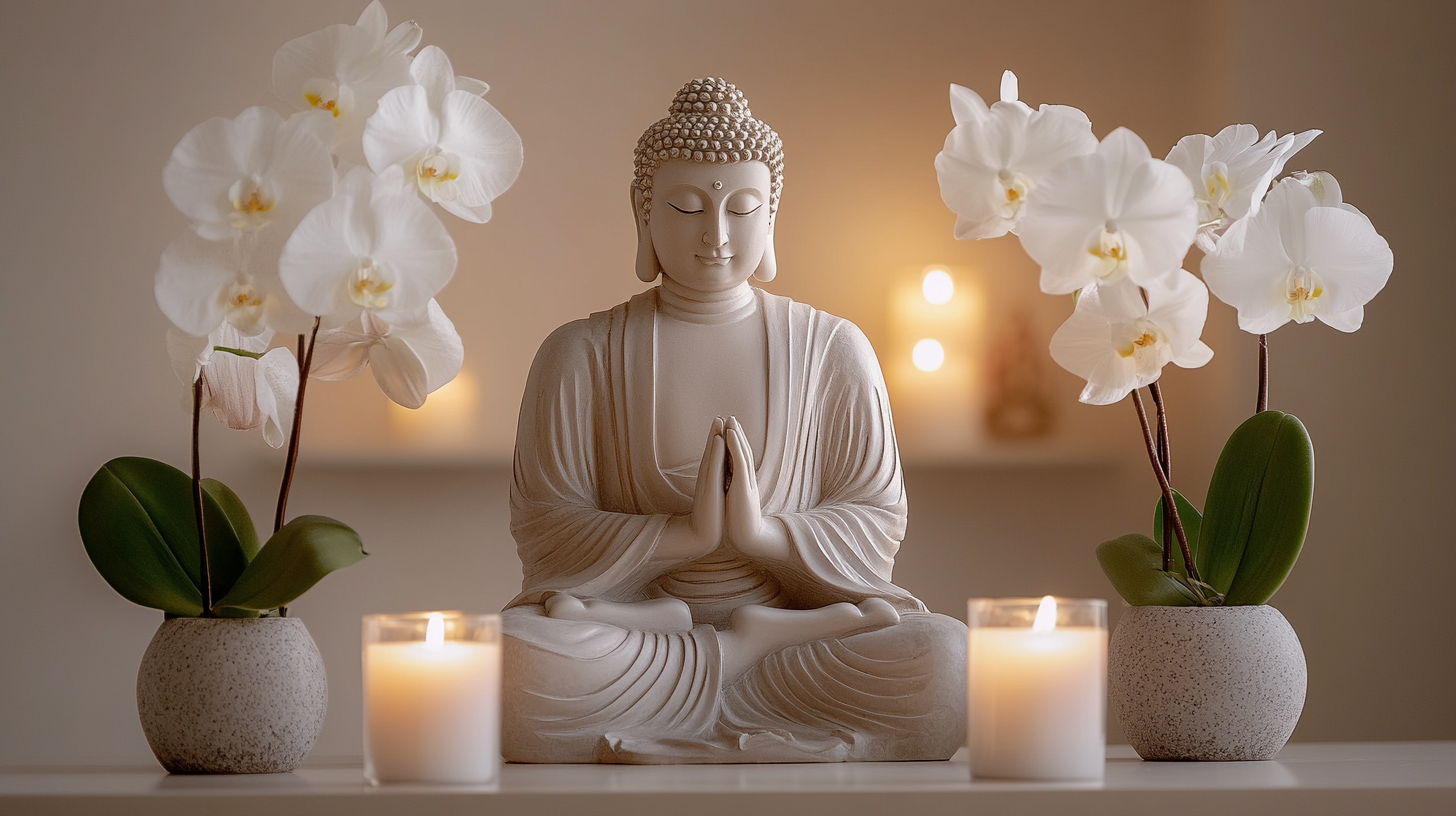 Buddha statue with flowers, candles in peaceful room setting.