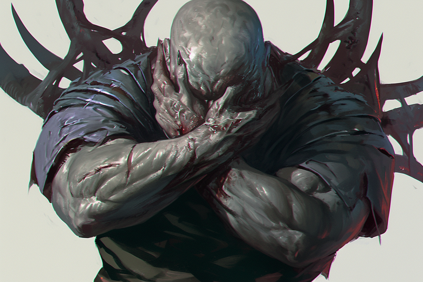 Buff bald man in terrifying art style chokes himself.