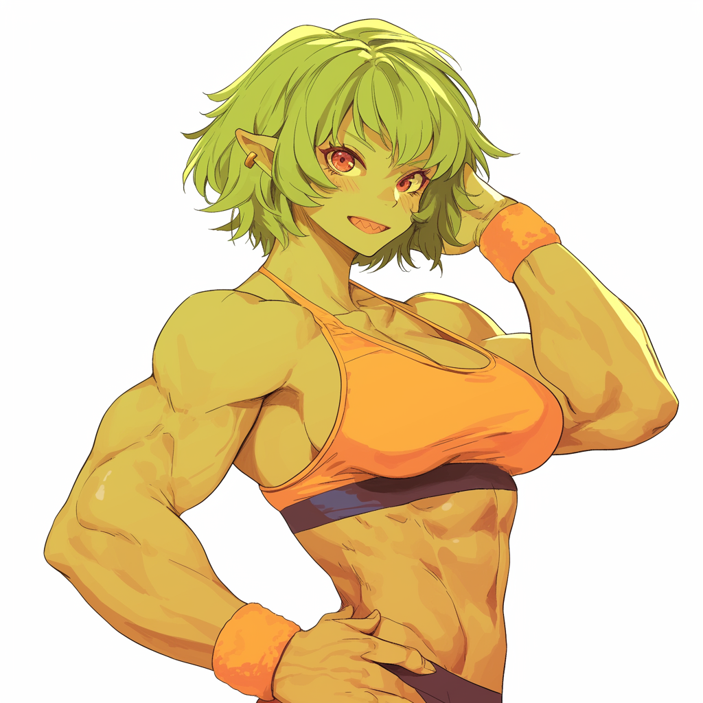 Buff orc girl poses for magazine on beach.