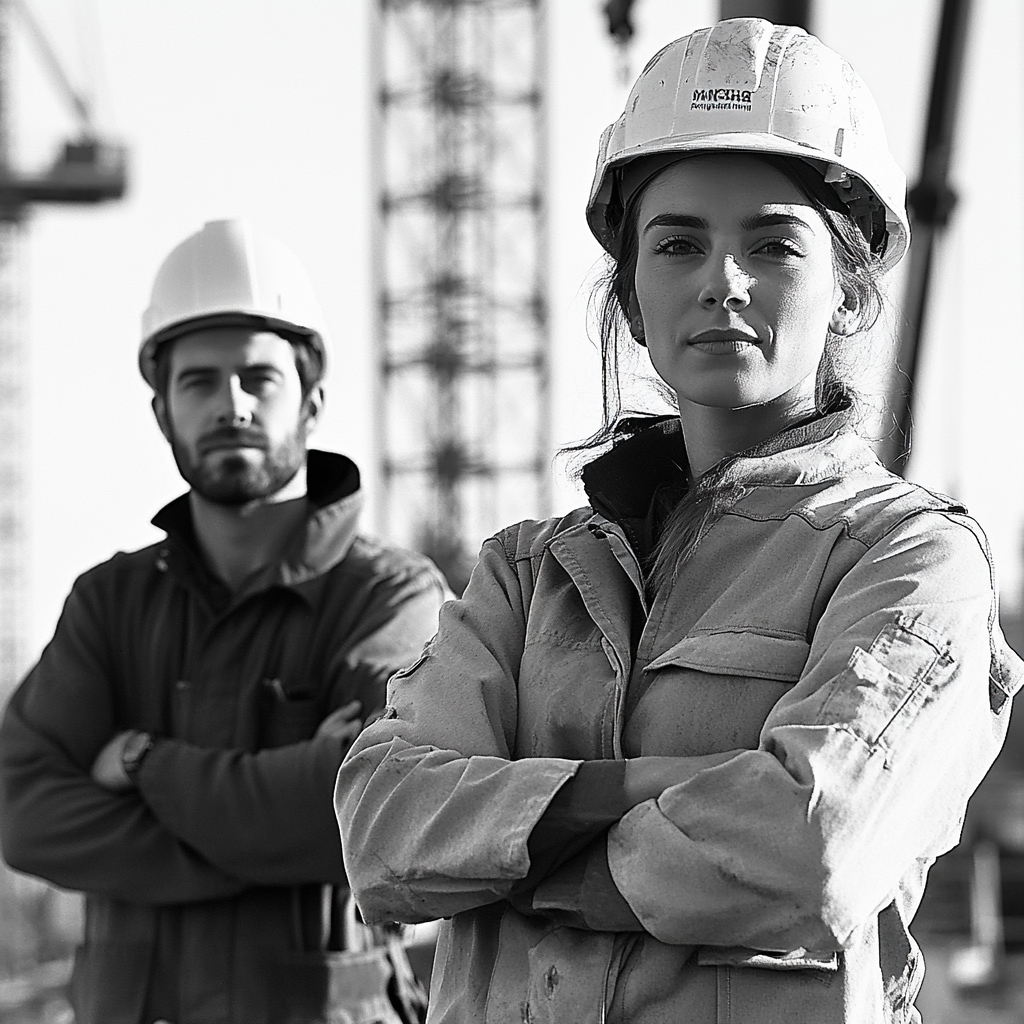 Builder Moroccan man, European architect woman, workers in uniform.