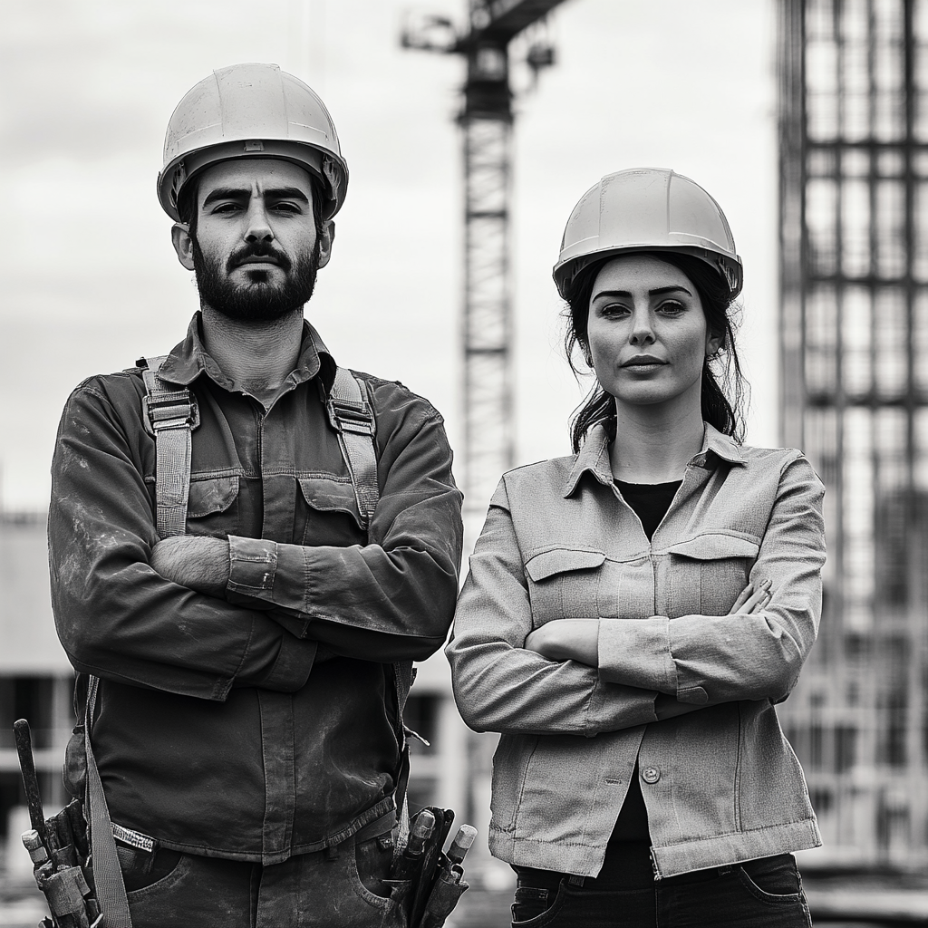 Builder and architect in front of building under construction.