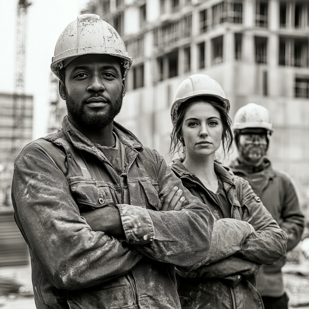 Builder man, architect woman with team at construction site.