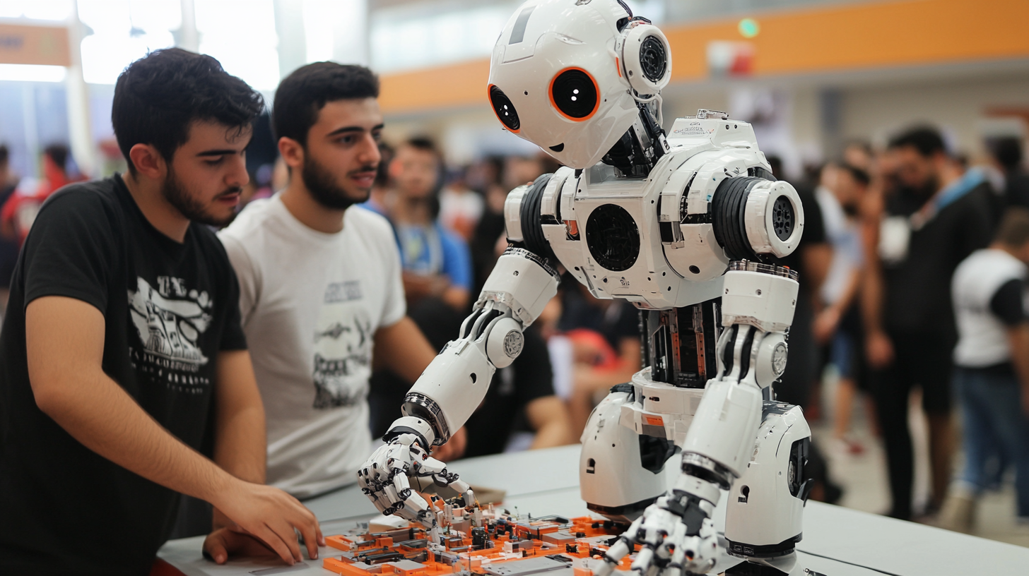 Building a robot in a robotics hall.