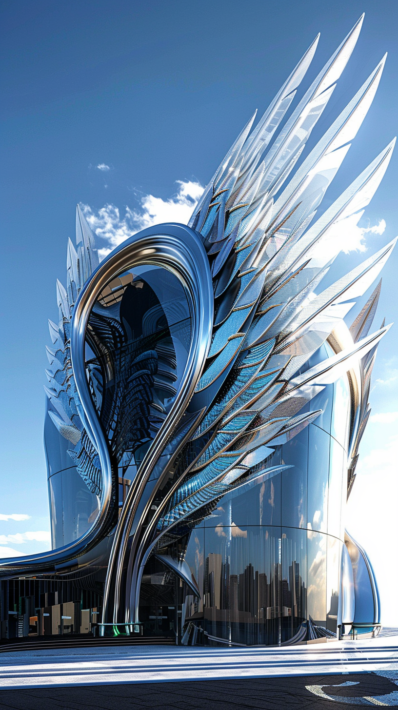 Building inspired by bird shapes and feathers, hyper realistic.