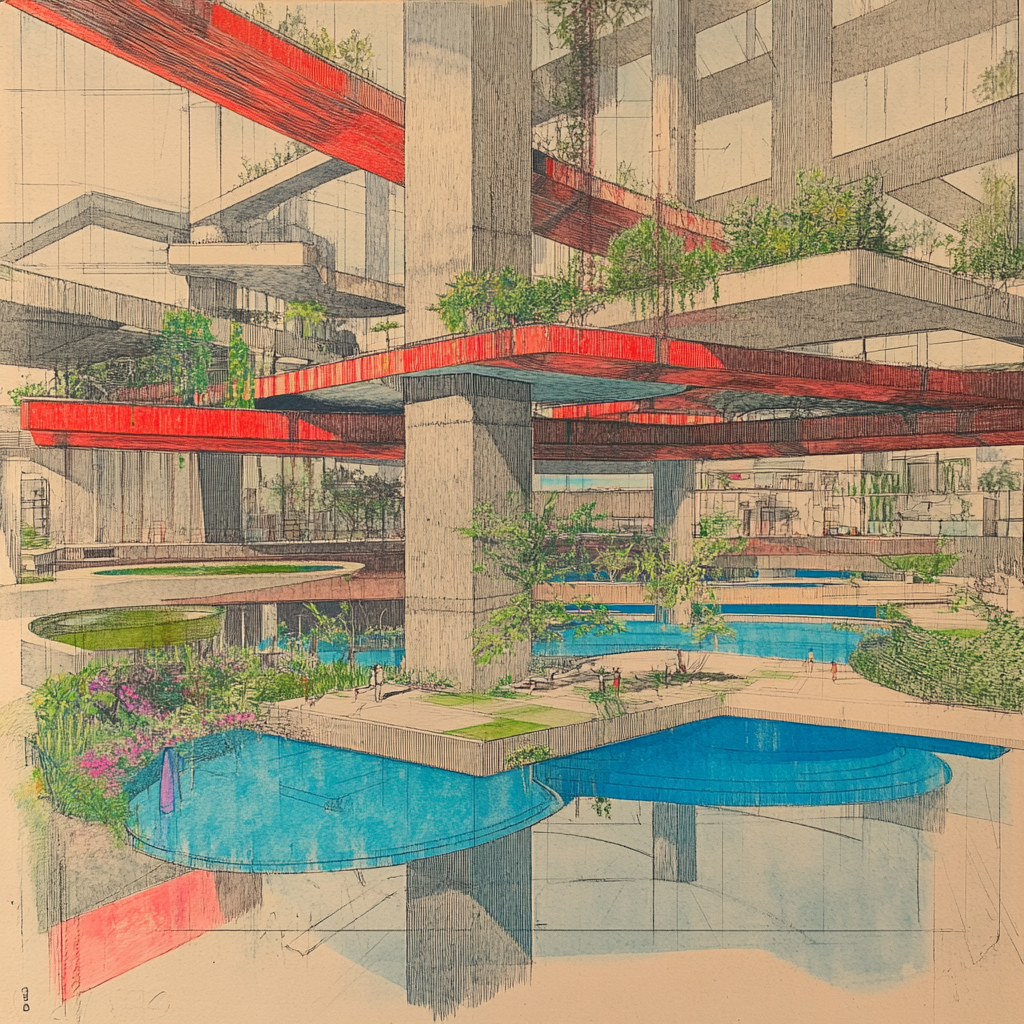 Building with four levels, pools, columns, and plants sketch.