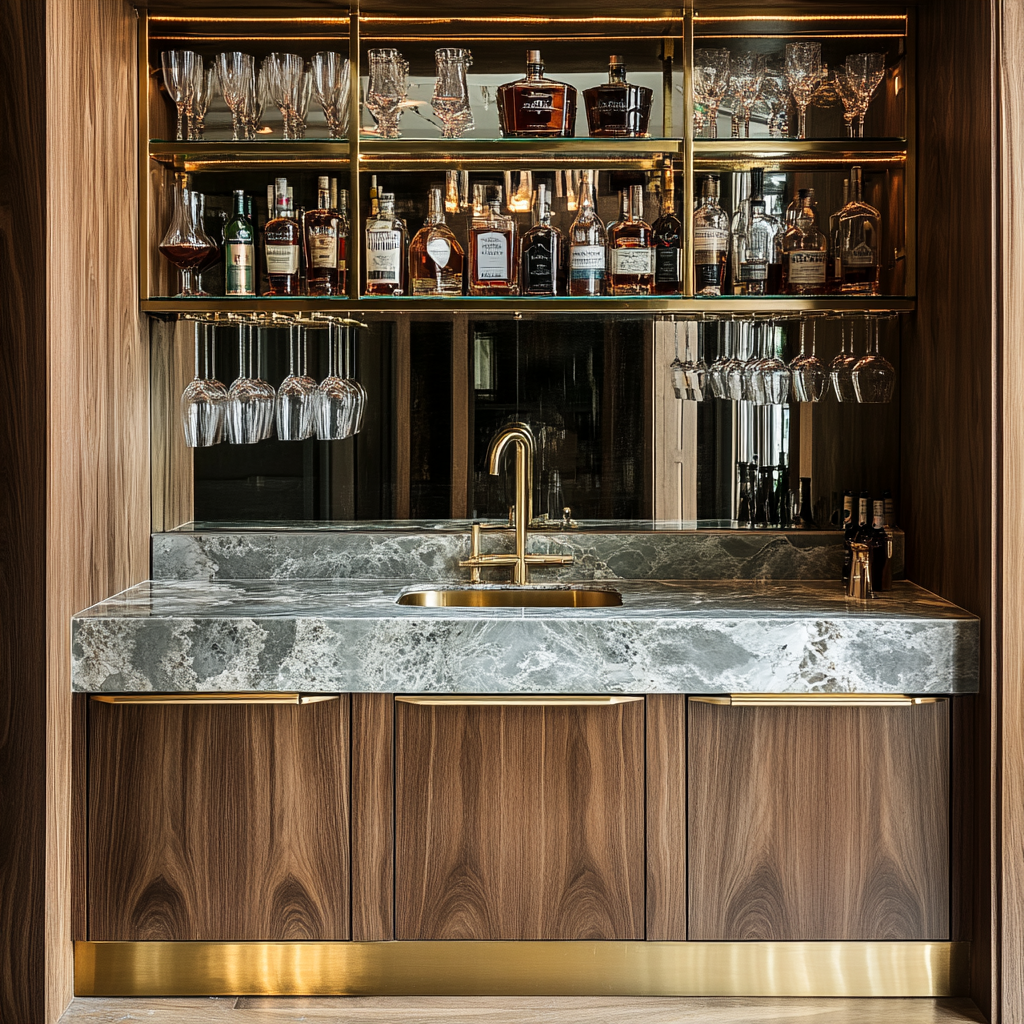 Built in bar with brass bottom, marble top.