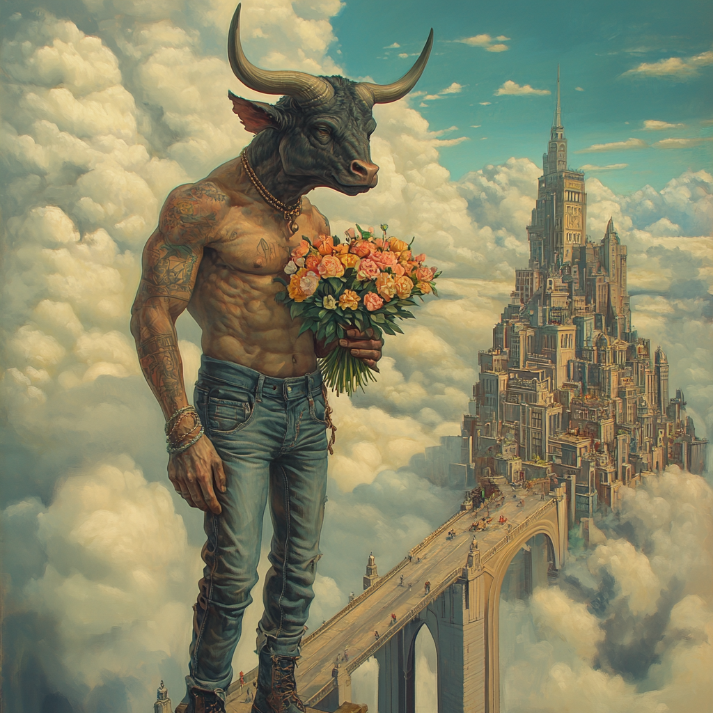 Bull-headed minotaur wearing jeans holds flower bundle. Cloud city background.