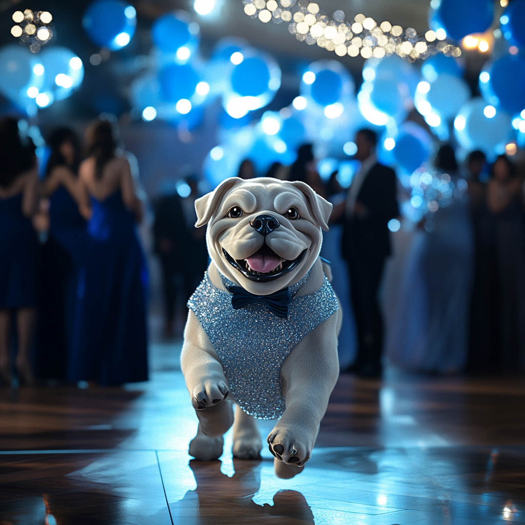 Bulldog Mascot Dances at Prom with Elegant Decor