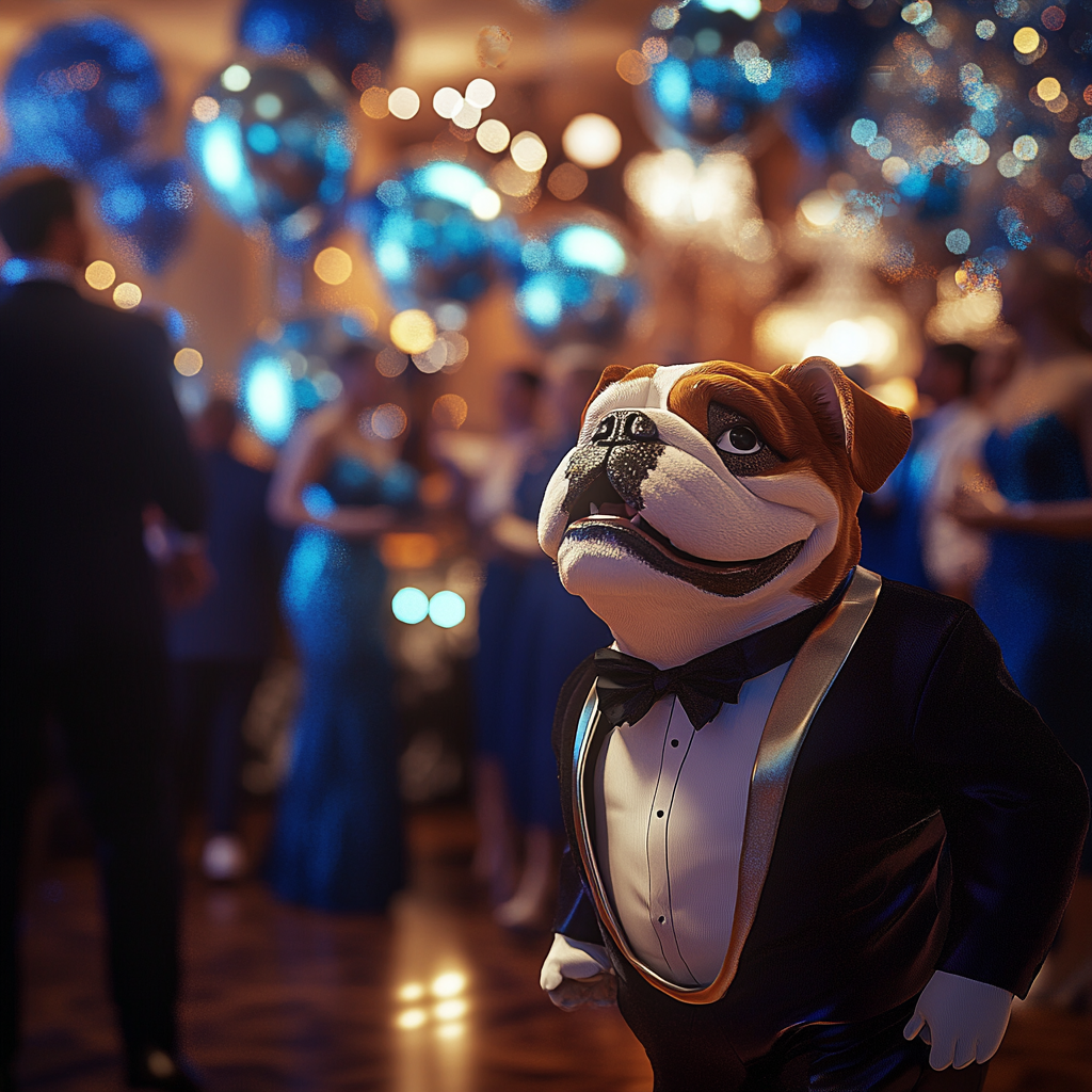 Bulldog Mascot Dances at Prom with Sparkling Lights