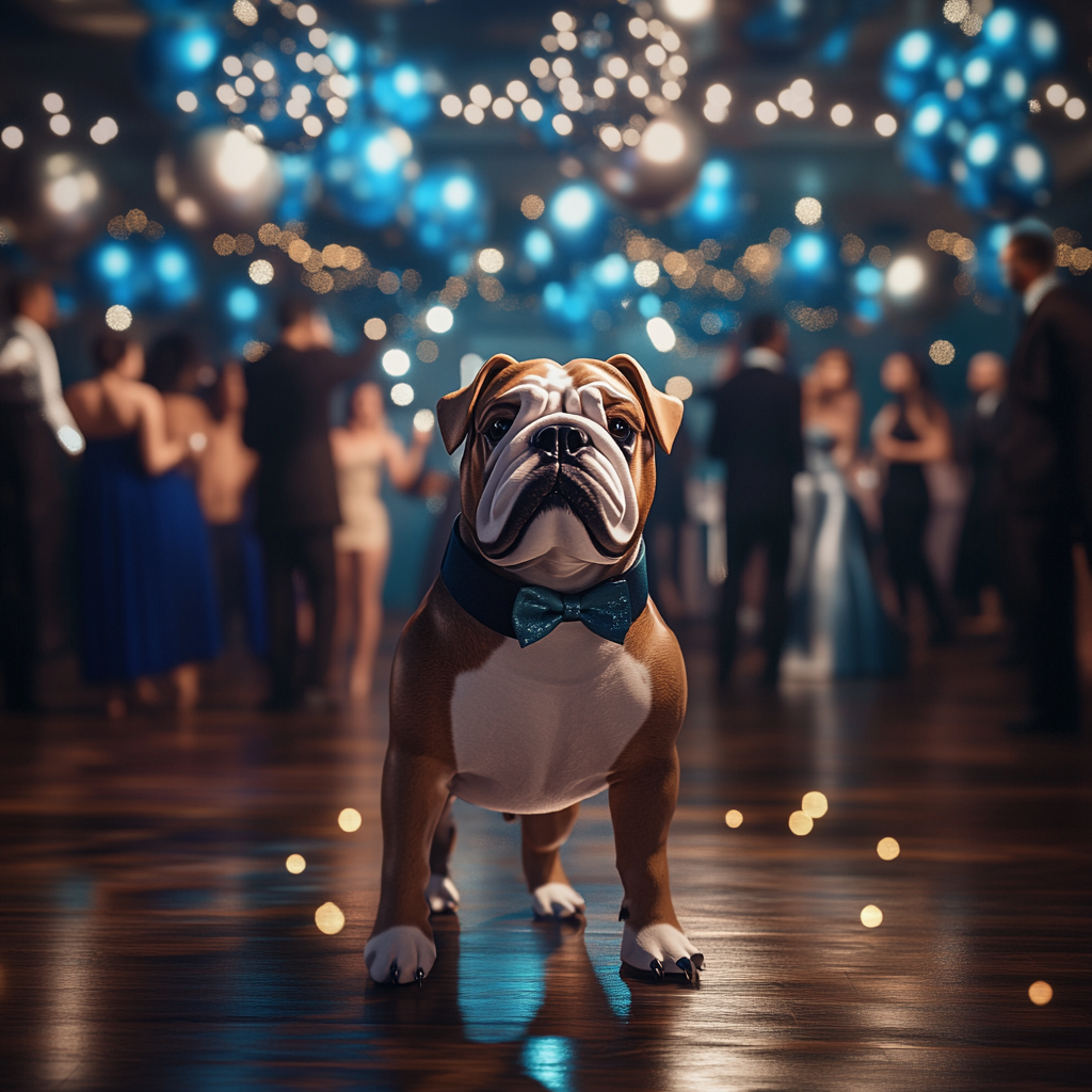 Bulldog mascot at prom with elegant decor.