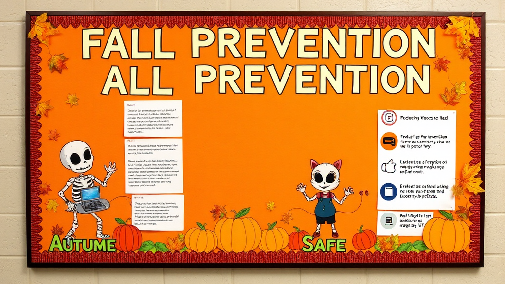 Bulletin board promoting fall safety with autumn theme.