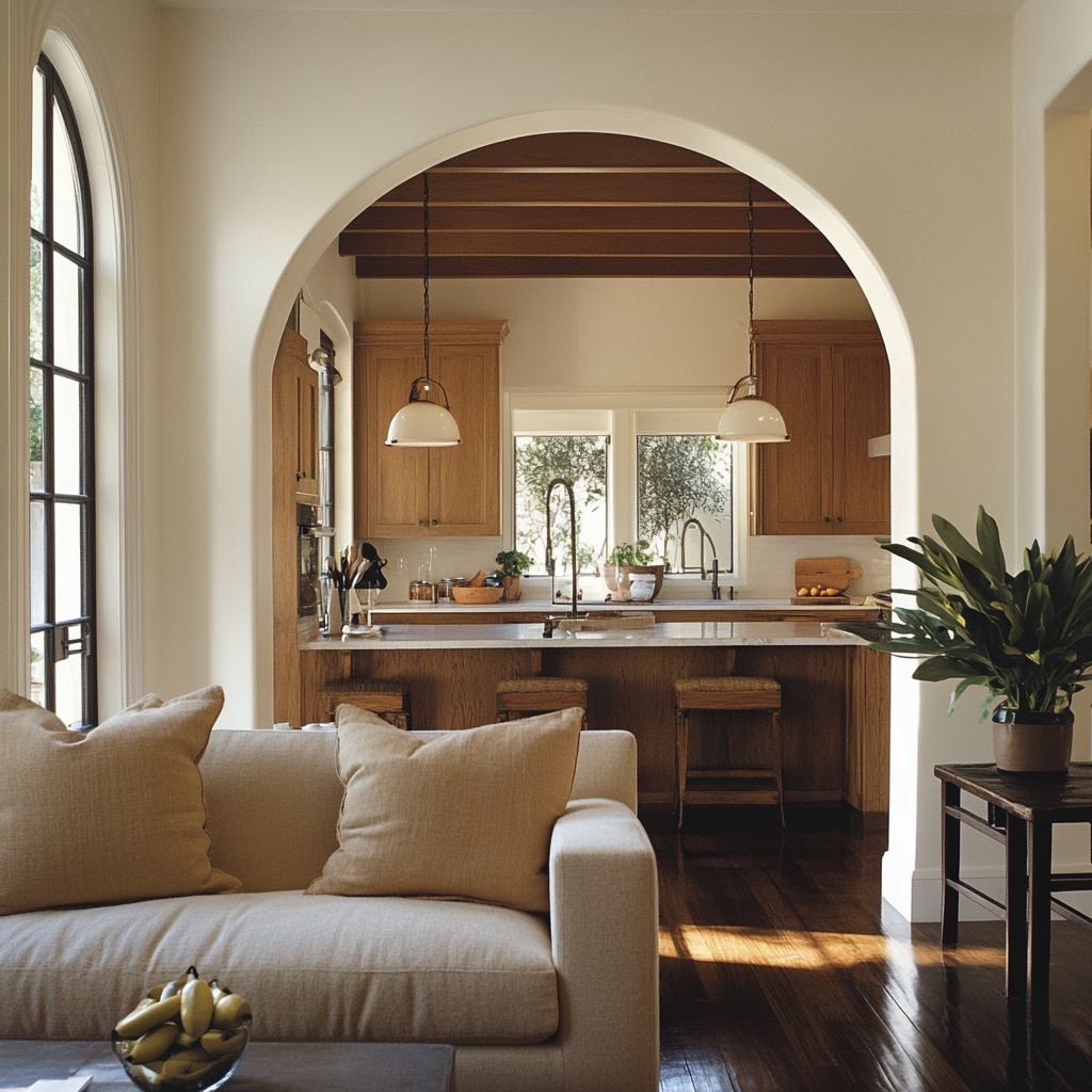 Bungalow Kitchen with Arch into Living Room Decor