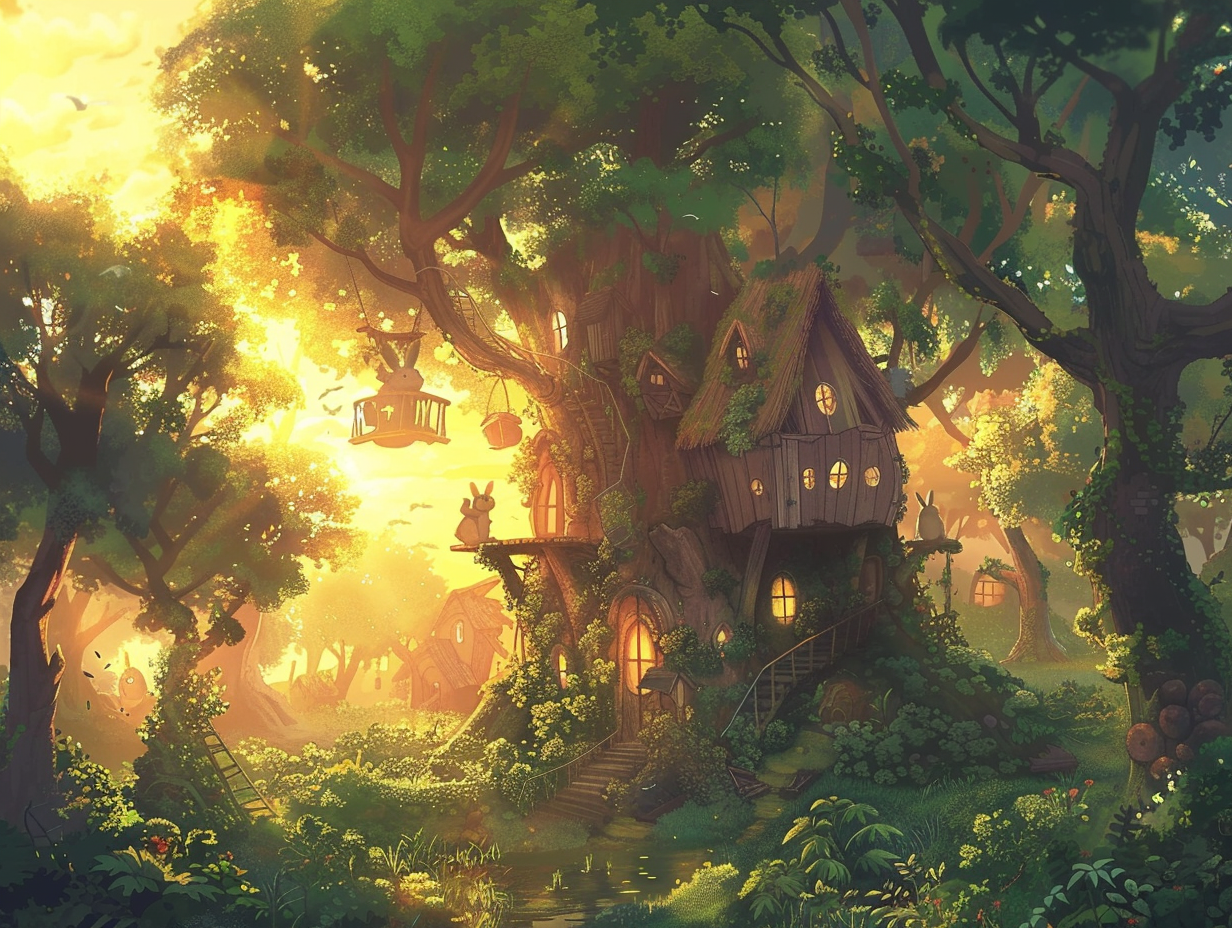 Bunnies fixing treehouses in green forest at sunset.