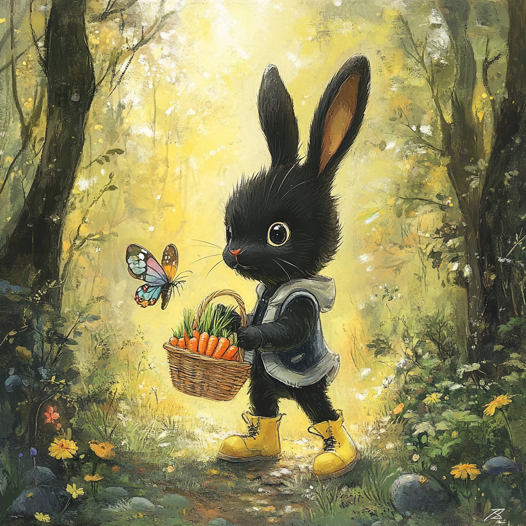 Bunny Shoesley in vibrant forest picking carrots. Butterfly advice.