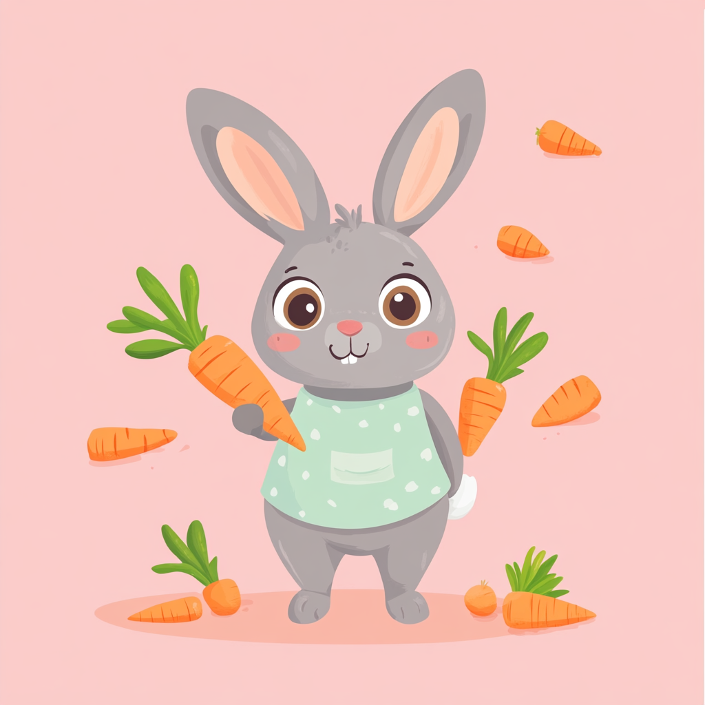 Bunny holding carrot in flat cartoon style illustration.