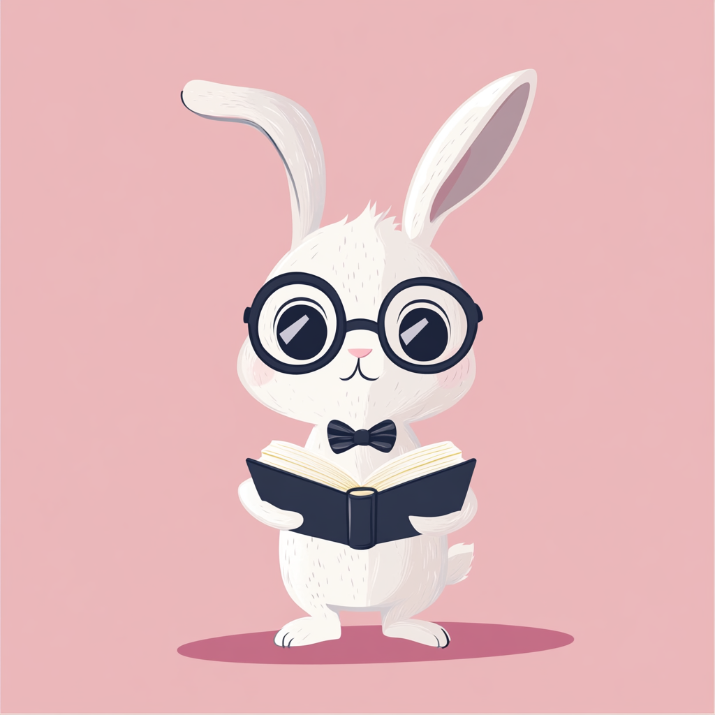 Bunny with glasses and bow tie holding book.