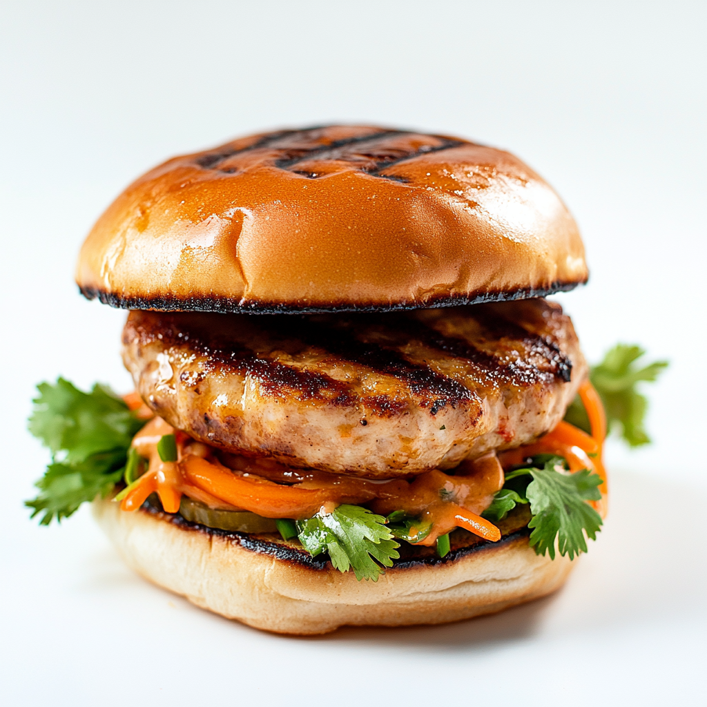 Burger with chicken patty, Thai peanut sauce