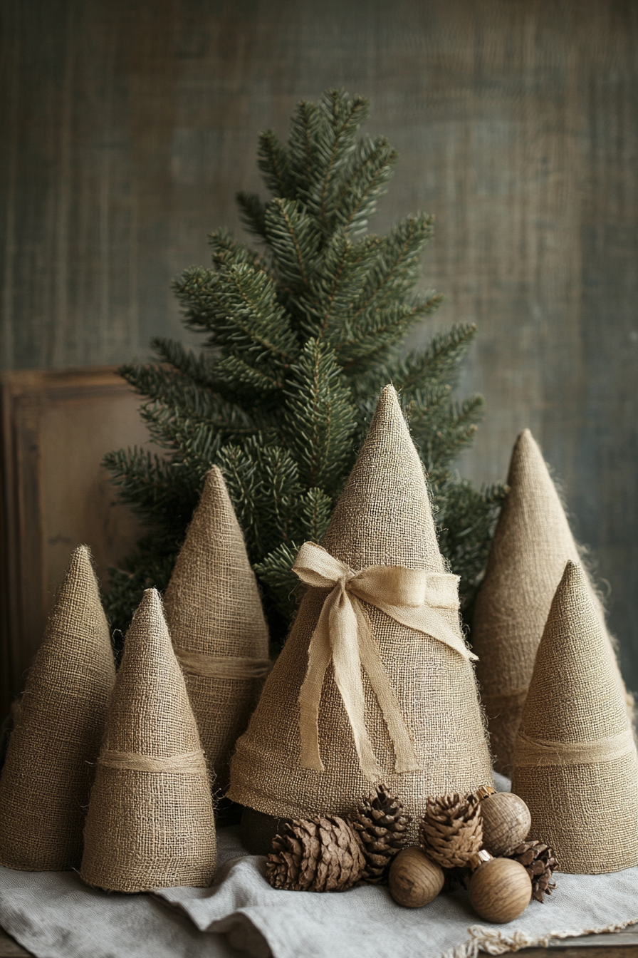 Burlap-Wrapped Mini Christmas Trees: Rustic Simplicity