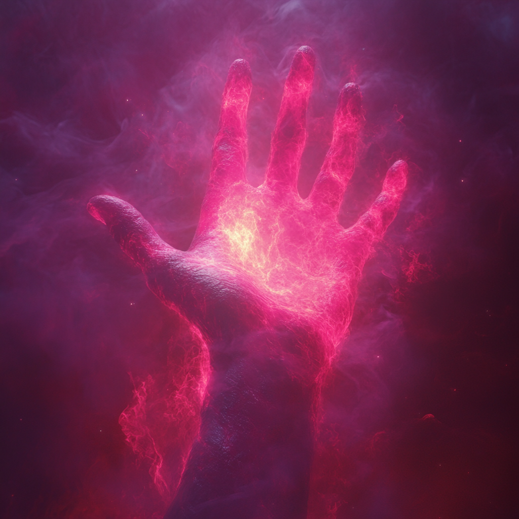 Burning hand in red and magenta mist formation.