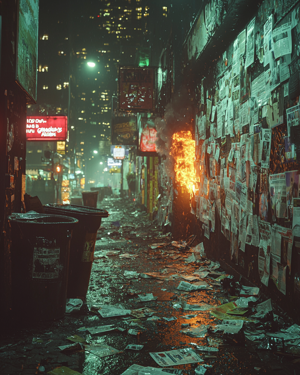 Burning newspapers, debris, chaos in alley, detailed Fuji shot.