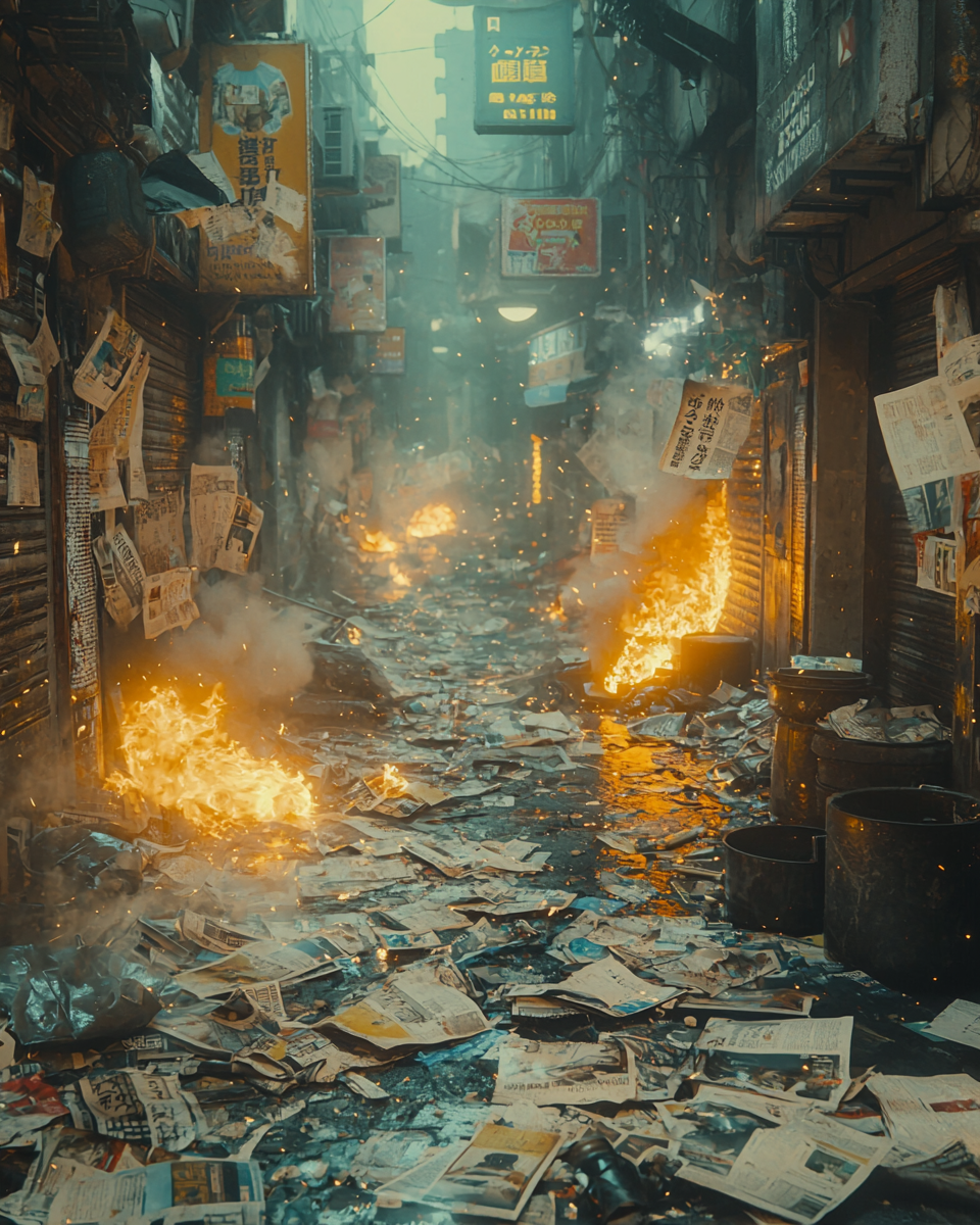 Burning newspapers in chaotic alley with fiery metal pots.