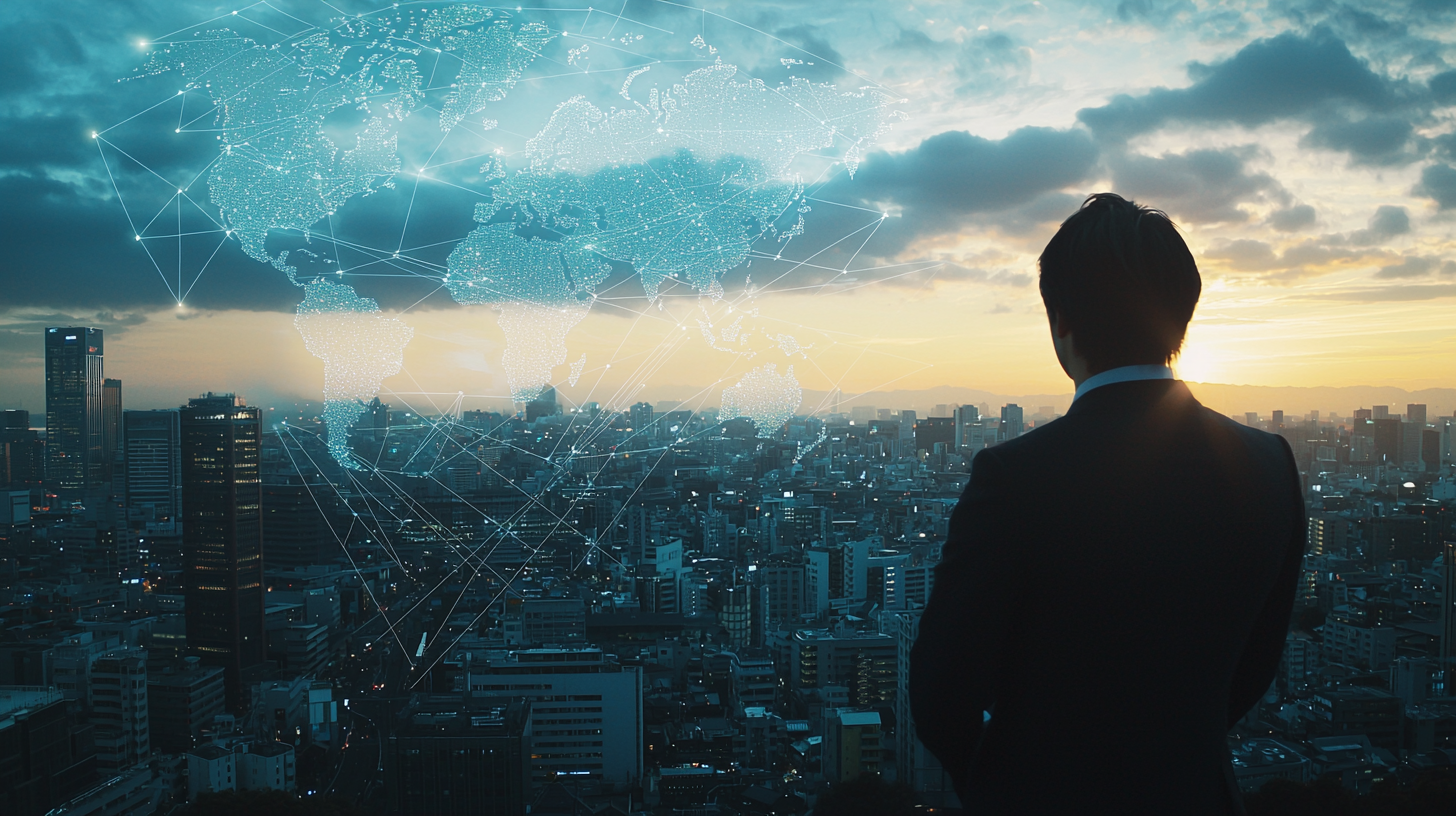 Business Executive Overlooking City Skyline at Sunrise