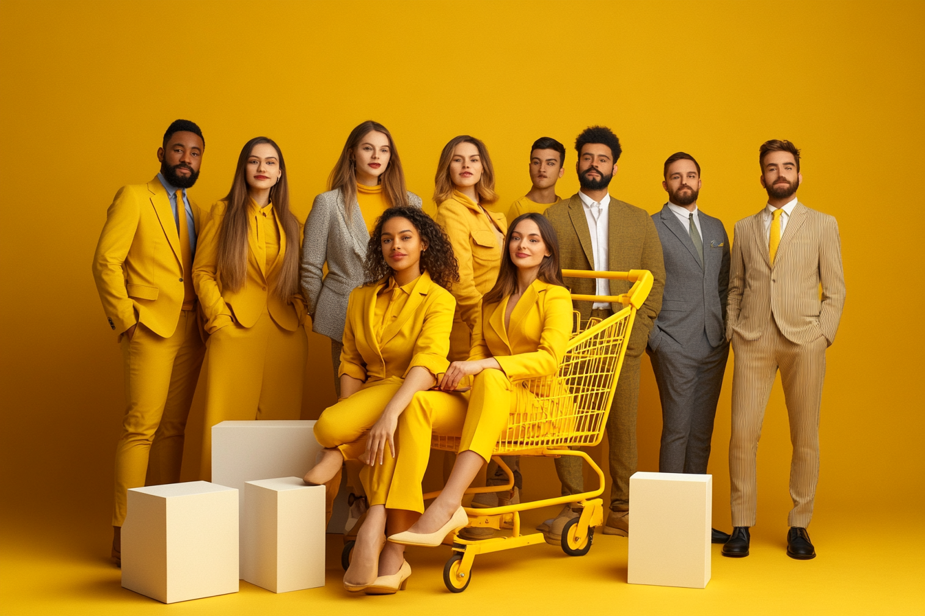 Business Team in Yellow Studio with Blocks and Cart