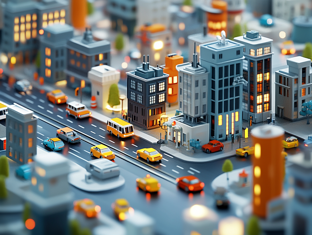 Business district landscape with cars, isometric view, digital illustration.