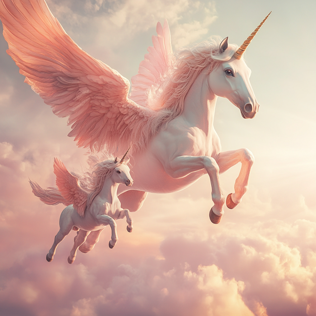 Business logo: hyper realistic flying unicorn with baby unicorn