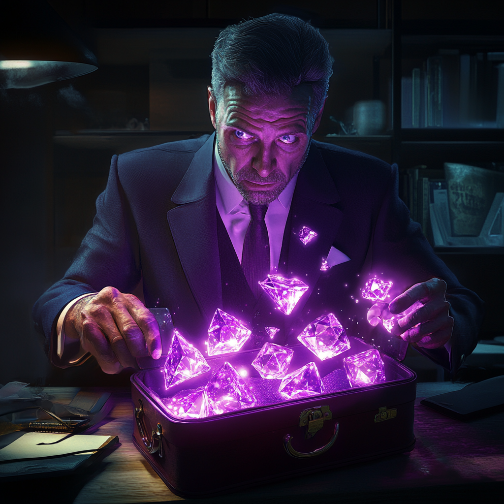 Business man in suit finds glowing purple diamonds inside.