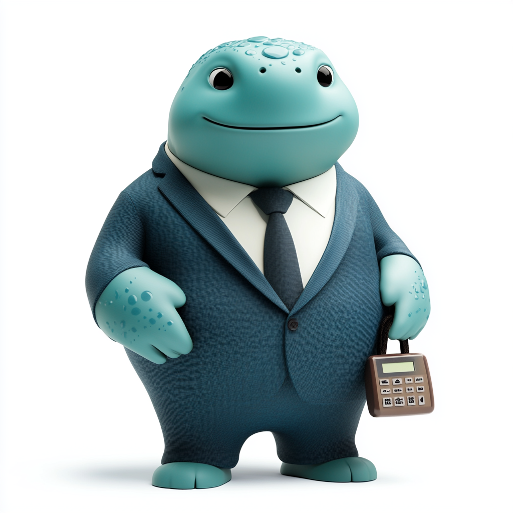 Business mascot in trustworthy suit, holding financial items.