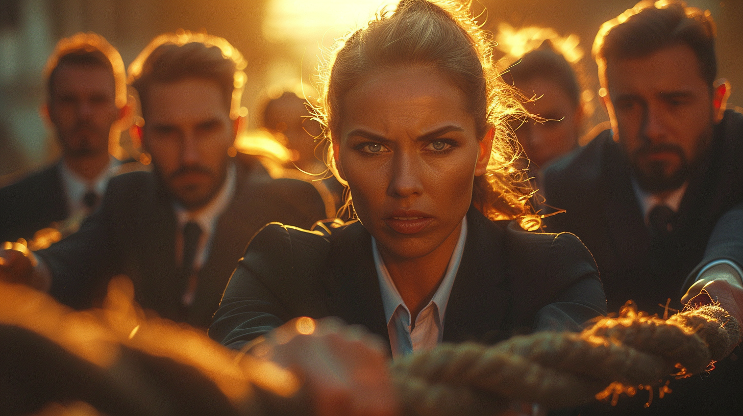 Business people in suits playing tug of war