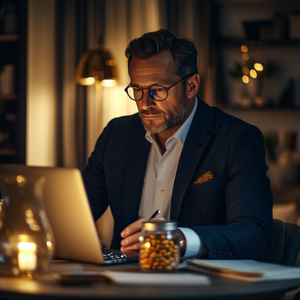 Businessman in Glasses Working on Laptop with Supplement Jar