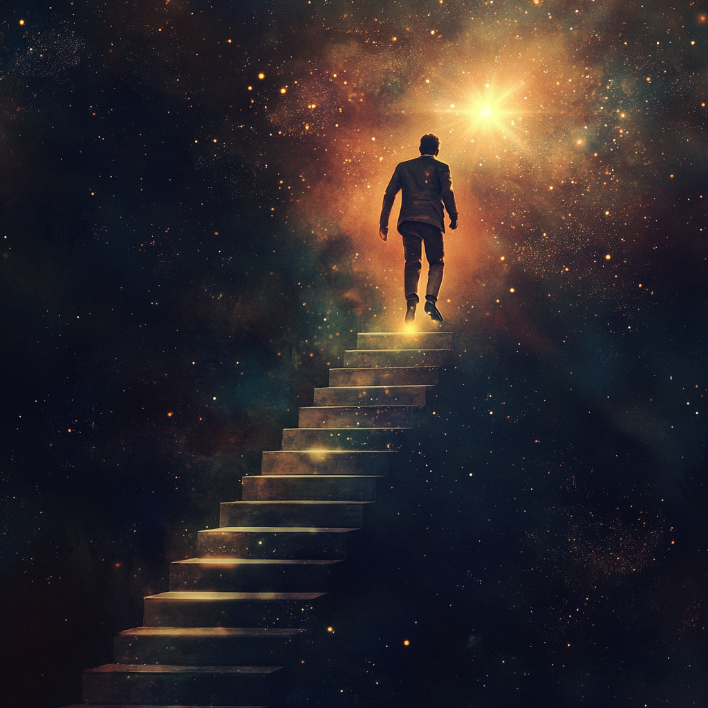 Businessman in suit climbing illuminated space stairs towards star.