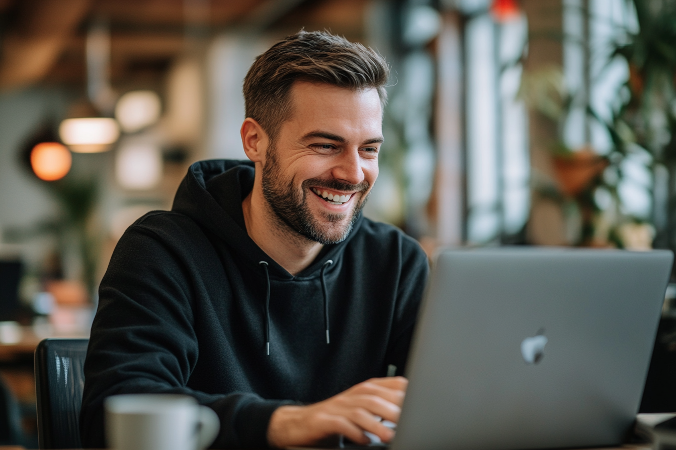 Businessman smiling at laptop, creating online advertising content.