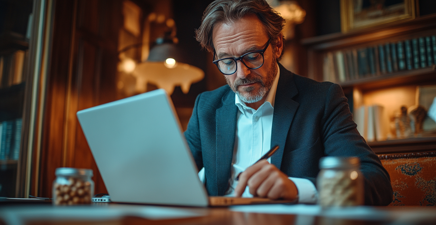 Businessman with Laptop and Supplement Powder Working on Project