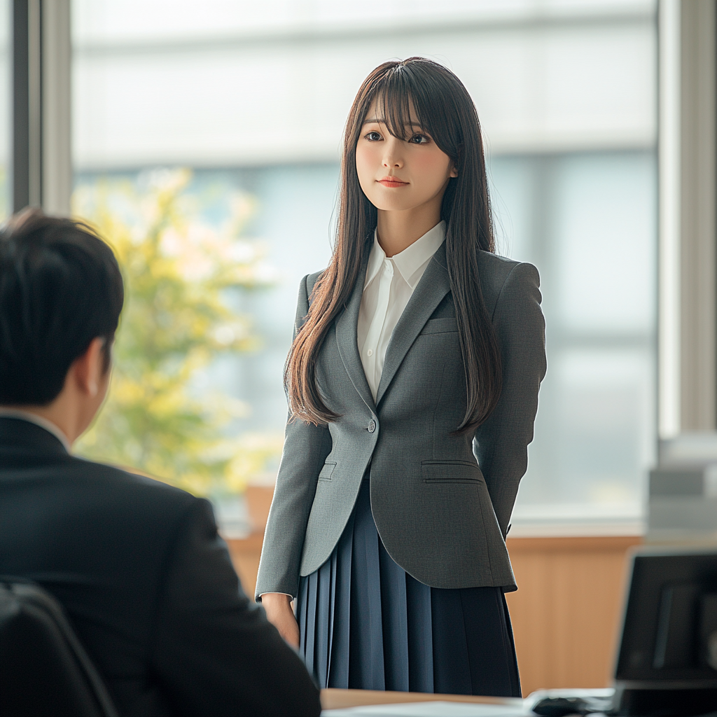 Businesswoman in Japan Office Talking with Man