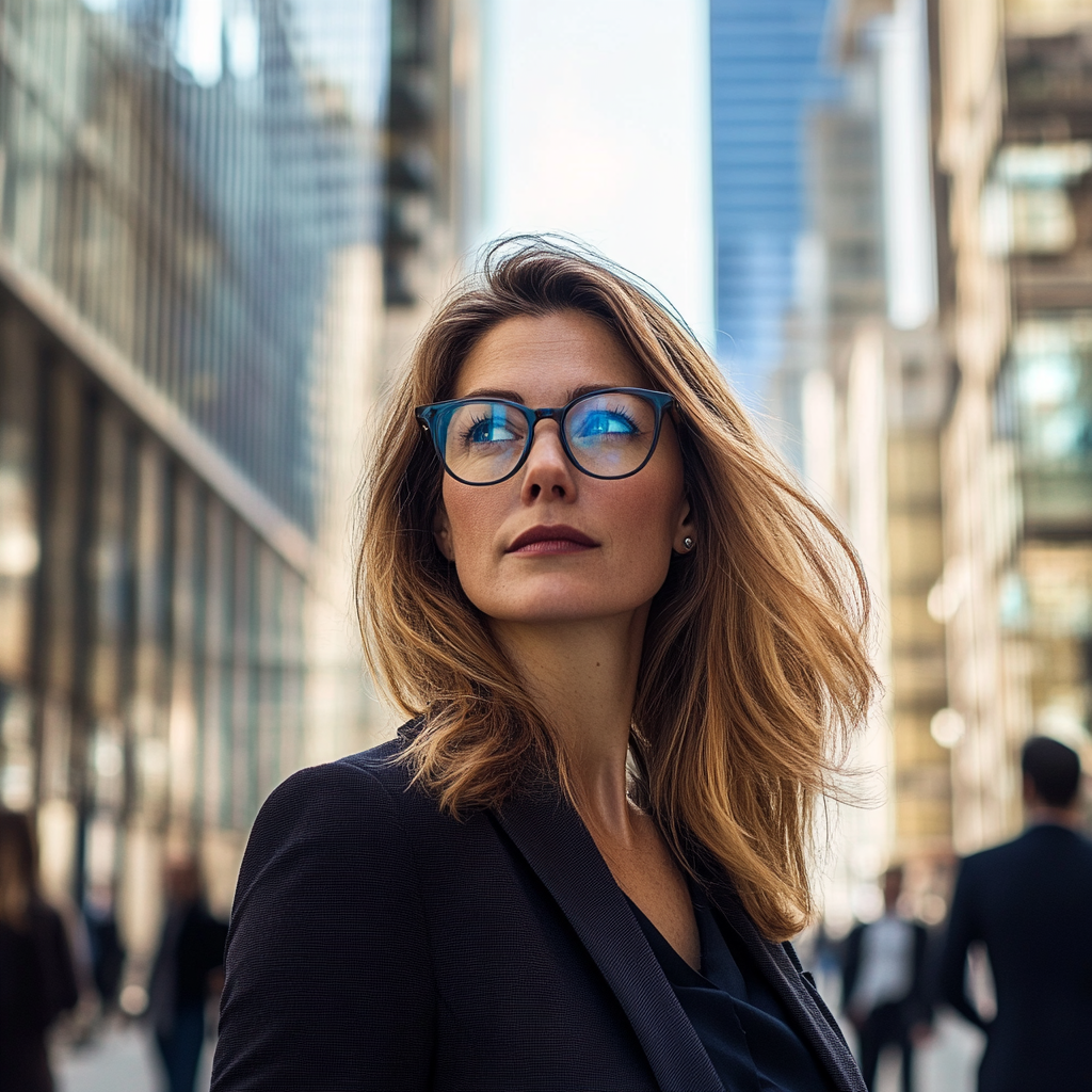 Businesswoman in blue glasses near high-rise, relaxed atmosphere.