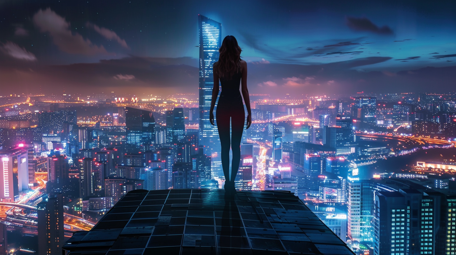 Businesswoman standing on modern building, admiring vibrant city lights.