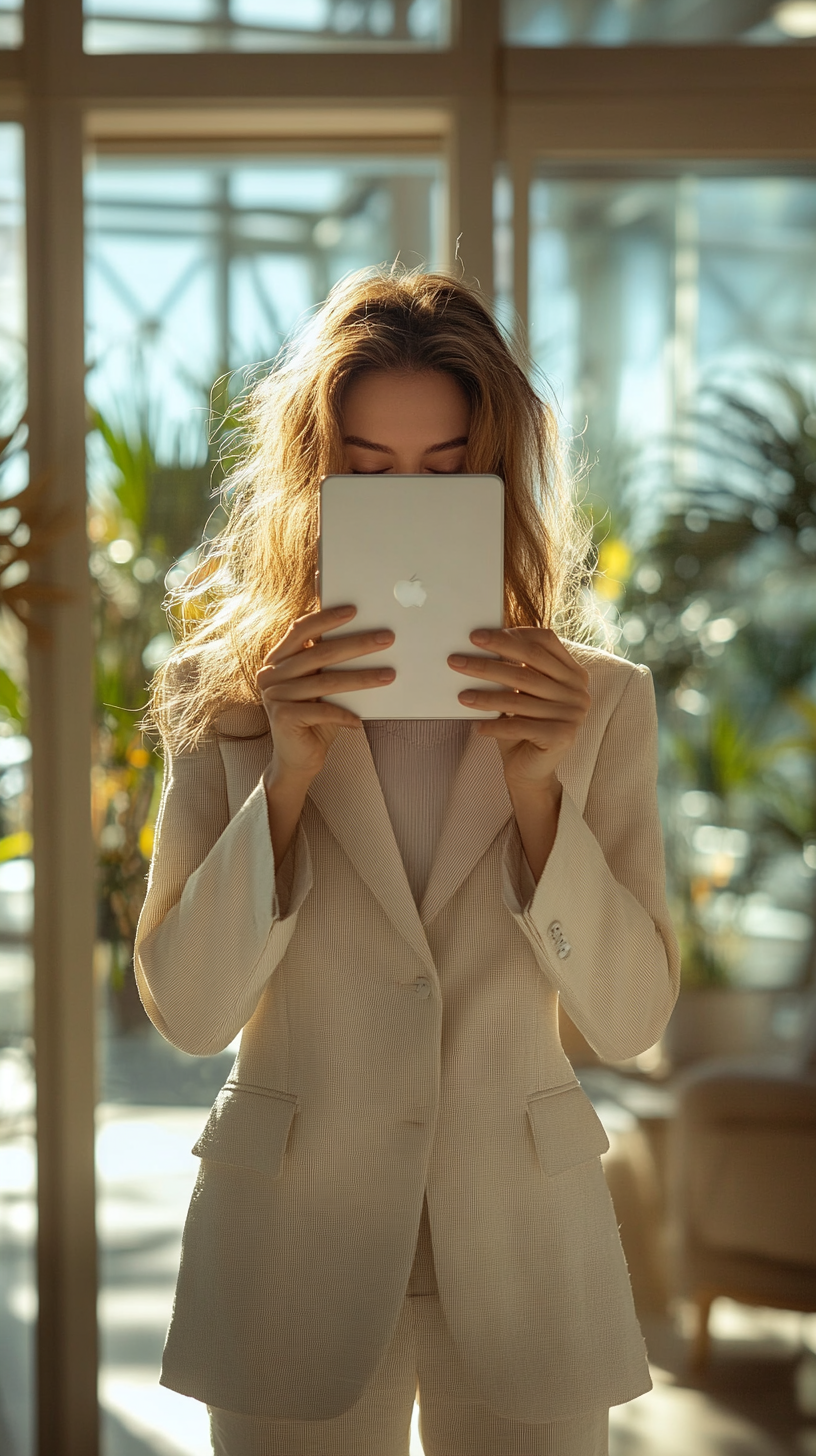 Businesswoman taking photo with iPad in bright office