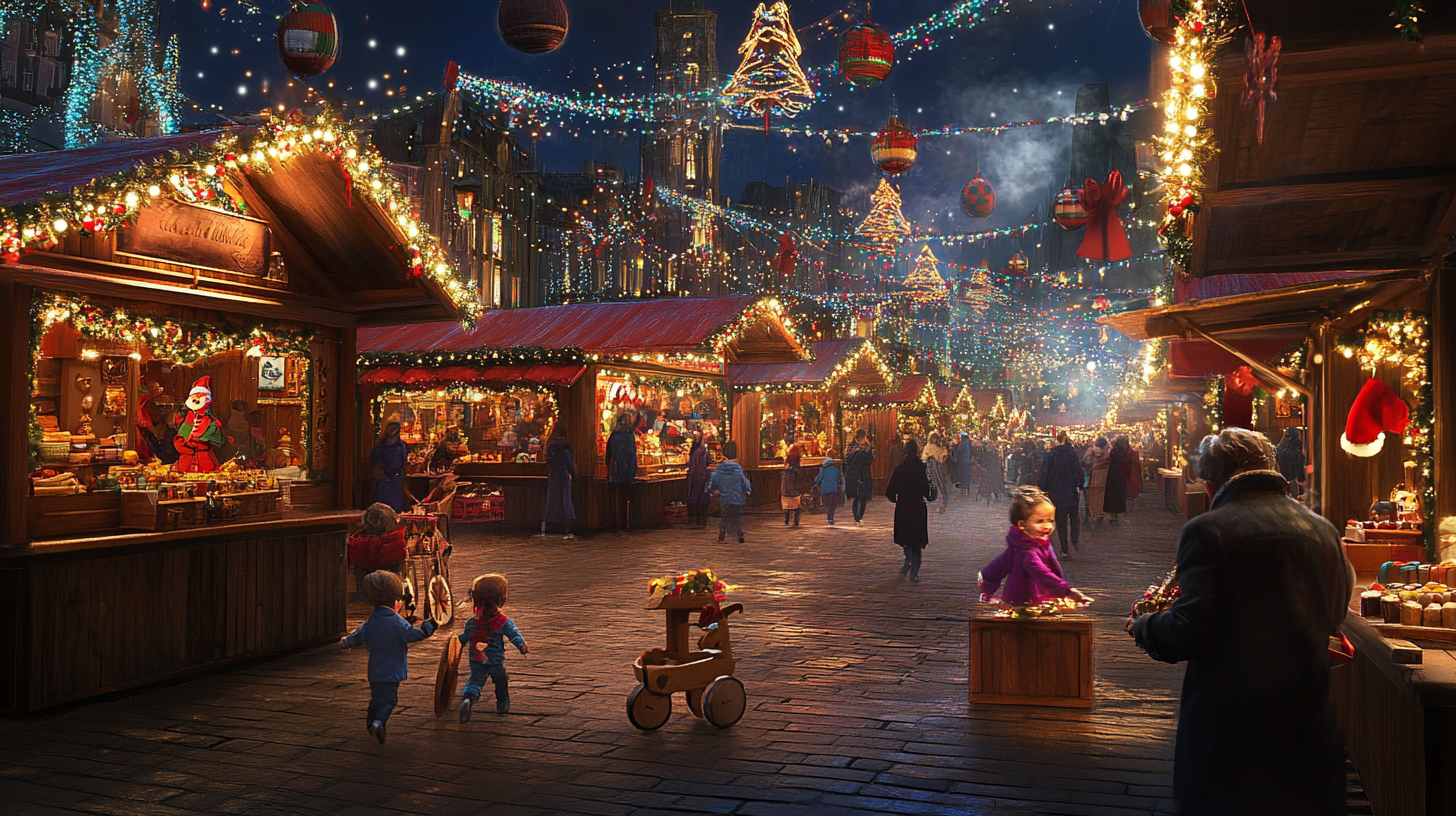 Bustling Christmas Market with Colorful Lights and Stalls