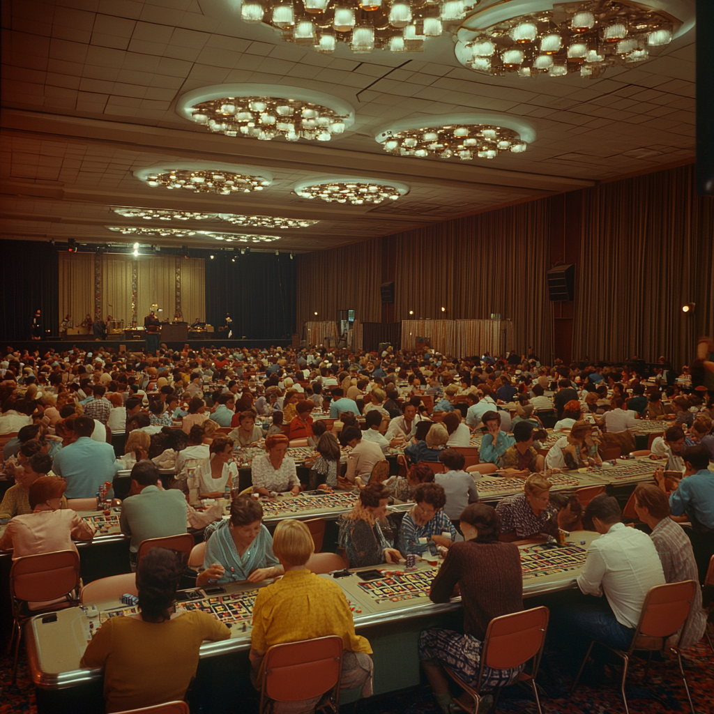 Busy 1960s Bingo Hall with Diverse Crowd