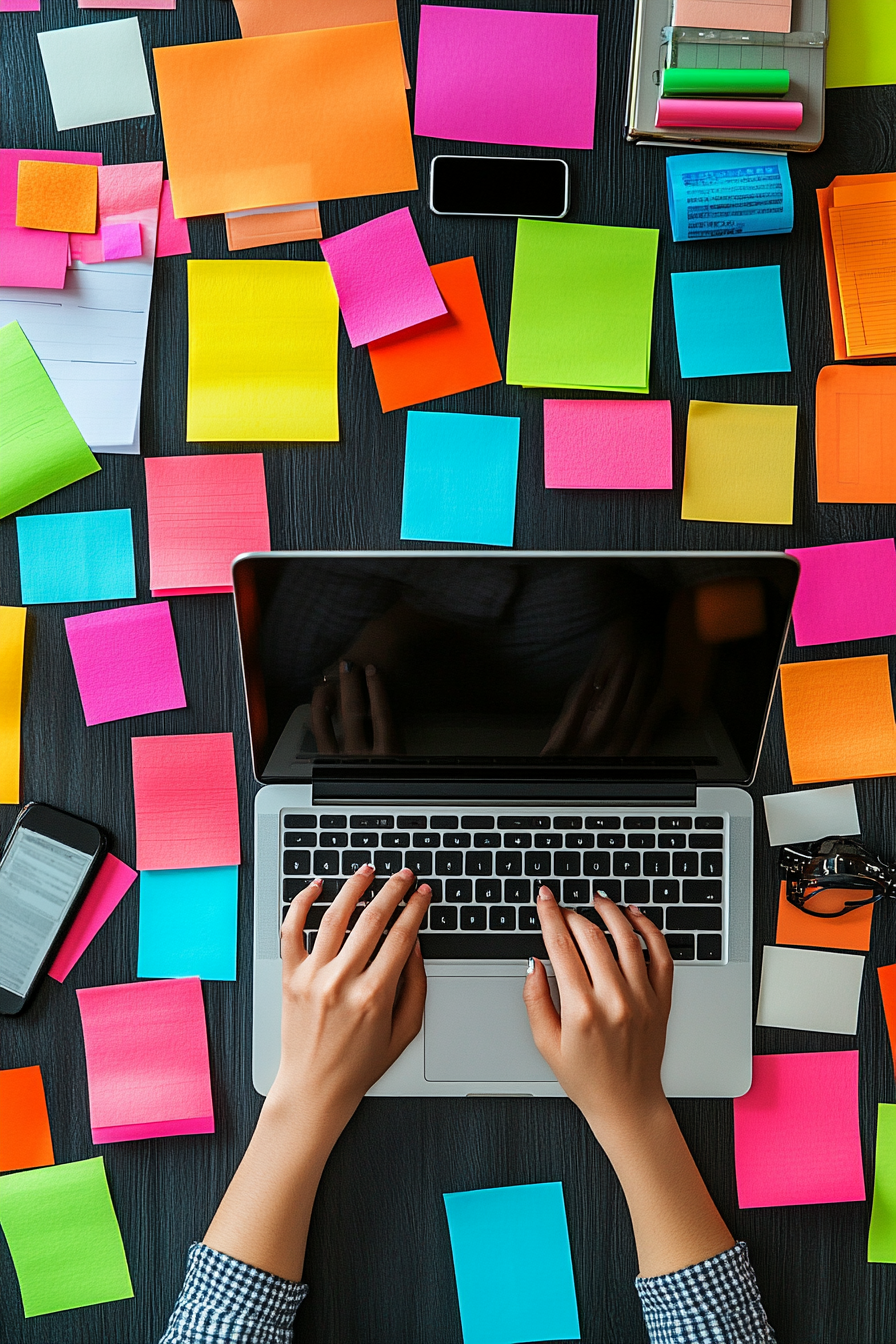 Busy Freelancer's Workspace with Devices and Sticky Notes.