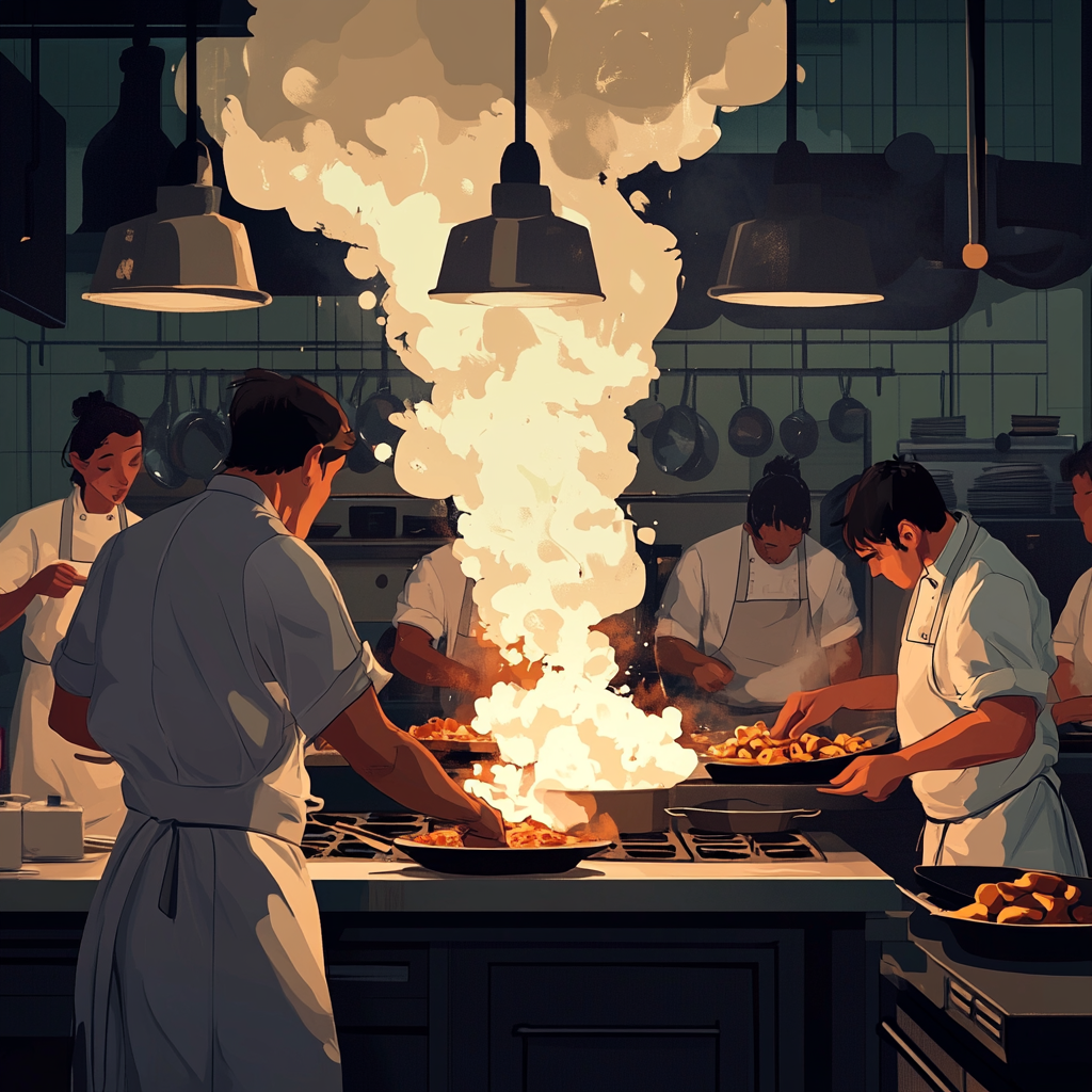 Busy Kitchen Scene: Chefs Cooking Animated 2D