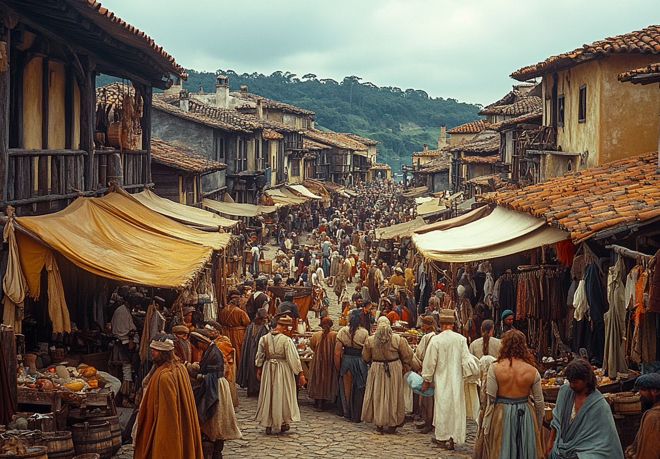 Busy Medieval Market in Viking Settlement, 1540's Brazil